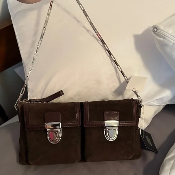 NWT Banana republic Brown Suede Dual Pocket Shoulder Bag with Silver Hardware - Picture 1 of 7